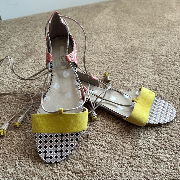 Boden Shoes - Boden NEW Sienna Tie-Strap Tassel Sandals Yellow Suede and Red Print size 39/8